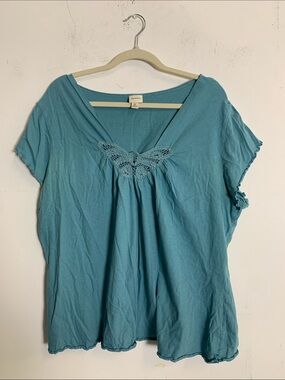 Merona Teal Crochet-Trim V-Neck Women's Top